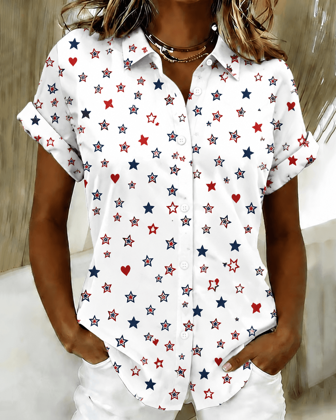 Contrasting Color Heart Stars Print Lapel Button-Down Short-Sleeved Shirt