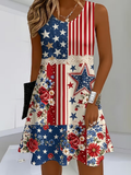 National Flag Flower Lace Patchwork Round Neck Sleeveless Mini Casual Dress