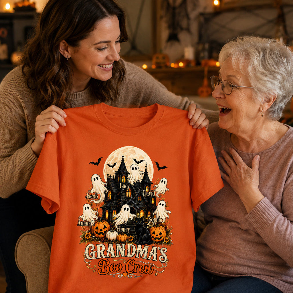Grandma's Boo Crew Halloween Haunted House - Personalized Light Color Shirt - Gift for Grandma