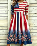 Flag Stripes and Floral Patchwork Print Pocket Casual Dress