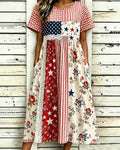 Floral Striped National Flag Patchwork Print Pocket Casual Dress