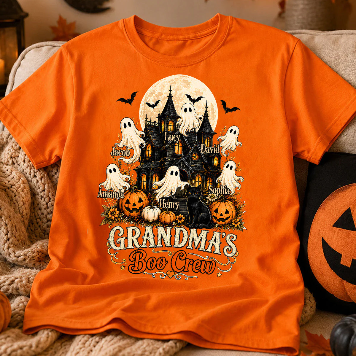 Grandma's Boo Crew Halloween Haunted House - Personalized Light Color Shirt - Gift for Grandma