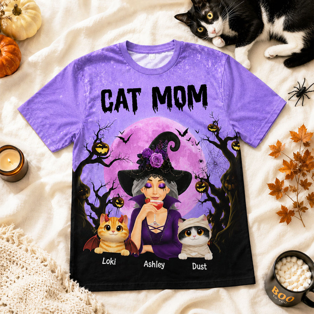 Halloween Theme Spooky Cat Mom Witch - Personalized Shirt - Halloween Gift For Cat Lovers