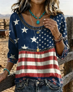 Retro American Flag Print Round Neck Blouse