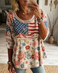 Retro Floral American Flag Print Round Neck Blouse