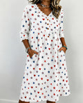 Star & Heart Print V-Neck Lace-Paneled Cotton Linen Casual Dress