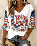 USA Graffiti Letters Print V-neck Half Sleeved Loose Top