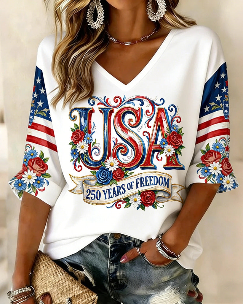 USA Graffiti Letters Print V-neck Half Sleeved Loose Top