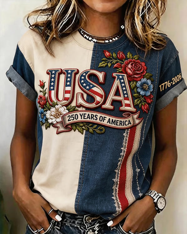 USA Rose Print  Crew Neck Short Sleeve Tshirt