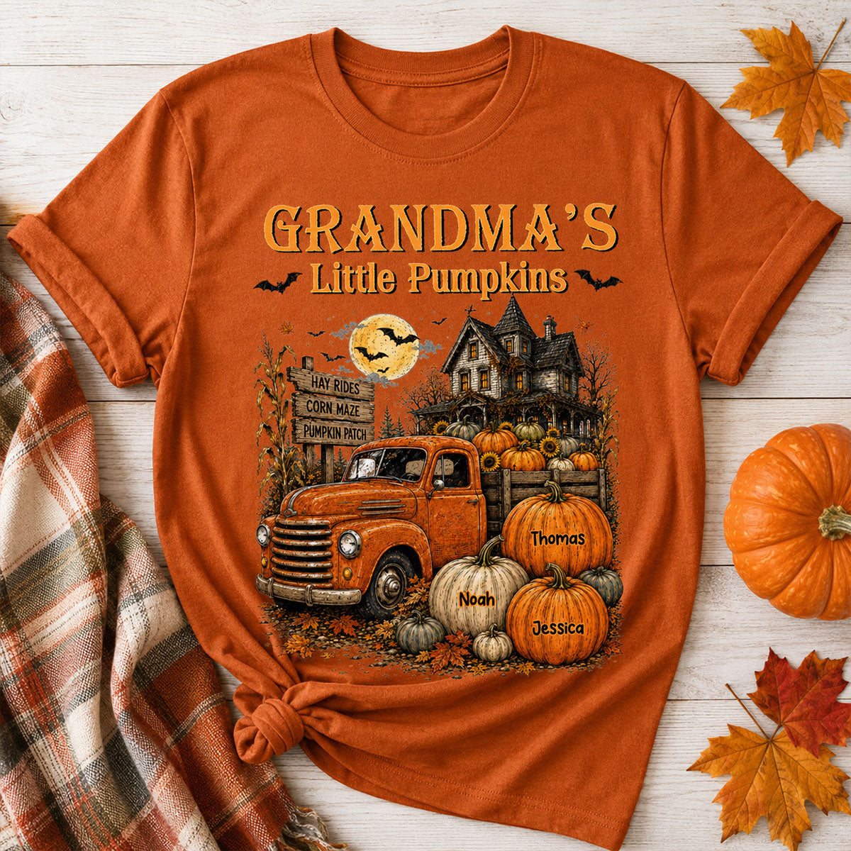 Retro Vintage Farmhouse Halloween Town Style Grandma's Little Pumpkins Truck - Personalized Shirt - Halloween Gift For Grandma