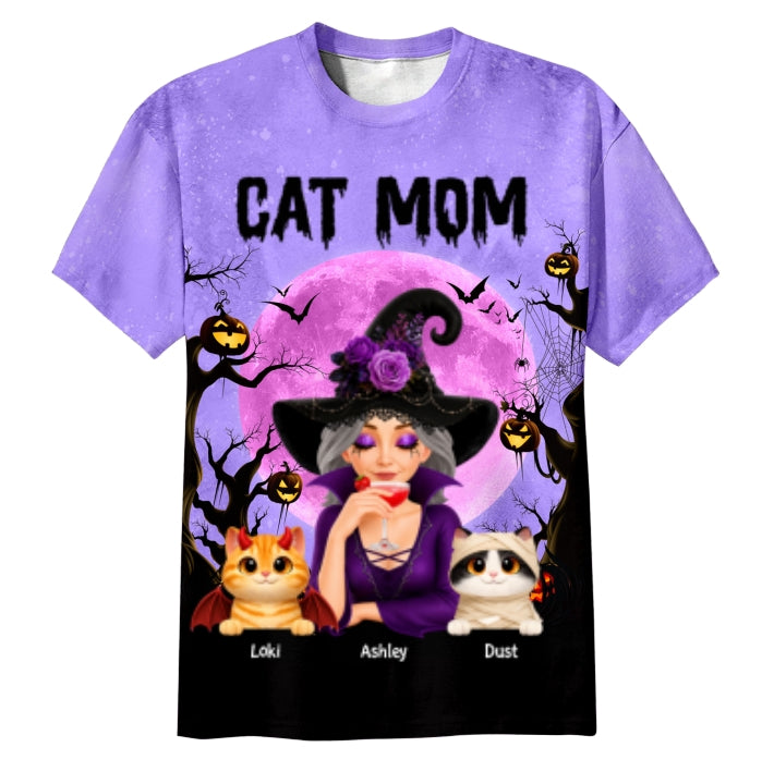Halloween Theme Spooky Cat Mom Witch - Personalized Shirt - Halloween Gift For Cat Lovers