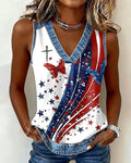 Wavy-Striped Butterfly Print V-Neck Tank Top