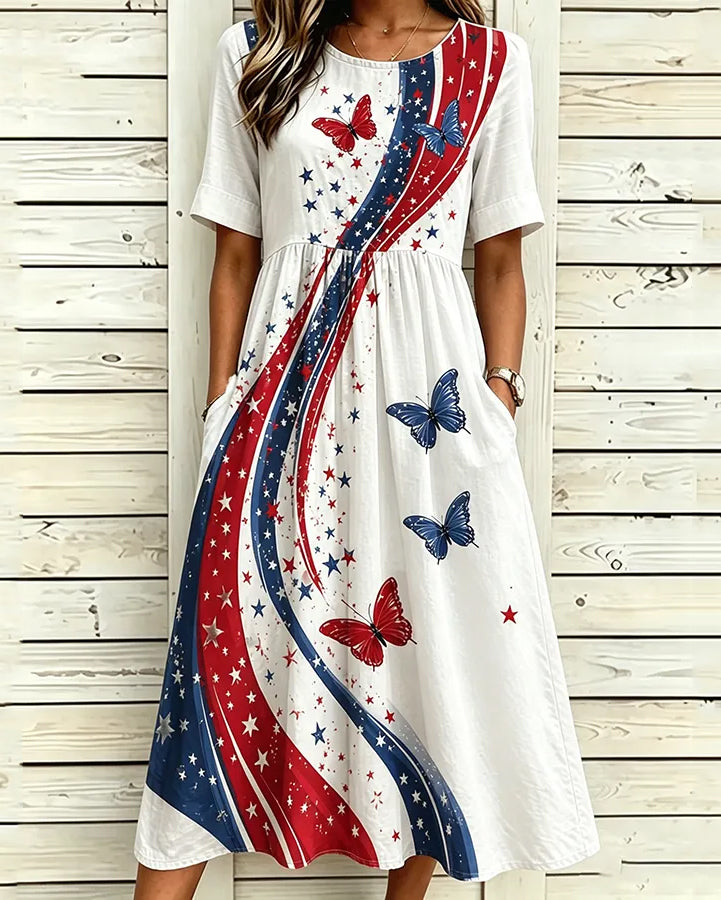 Wavy Striped Butterfly Print Pocket Casual Dress