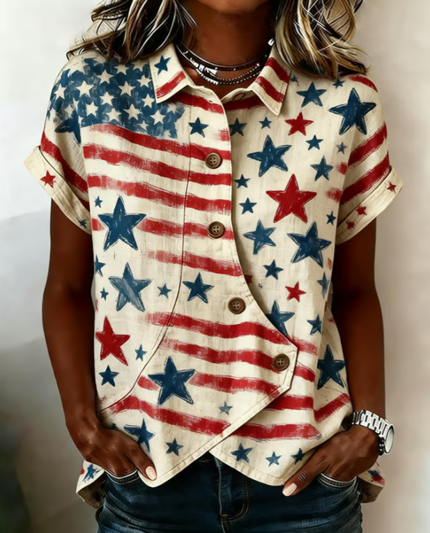 Women's American Flag Printed Lapel Button-Down Short-Sleeved Shirt