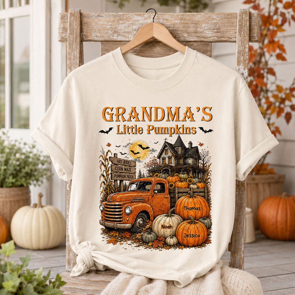 Retro Vintage Farmhouse Halloween Town Style Grandma's Little Pumpkins Truck - Personalized Shirt - Halloween Gift For Grandma