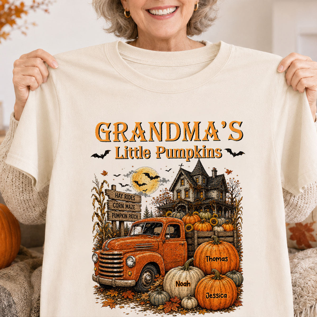 Retro Vintage Farmhouse Halloween Town Style Grandma's Little Pumpkins Truck - Personalized Shirt - Halloween Gift For Grandma