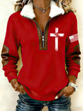 Women`s Cross And US Flag Print Patchwork Fur Collar Long-Sleeve Sweatshirt