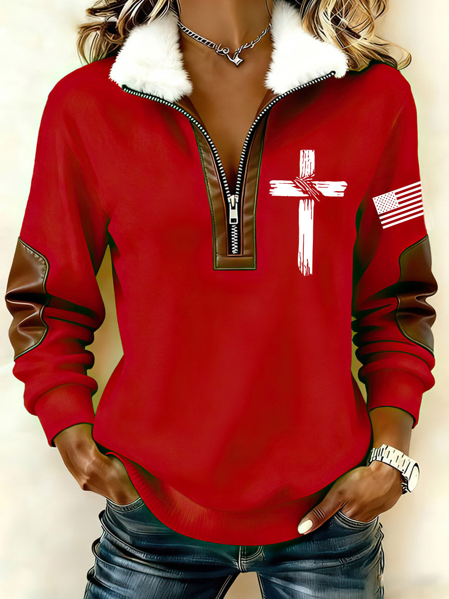 Women`s Cross And US Flag Print Patchwork Fur Collar Long-Sleeve Sweatshirt