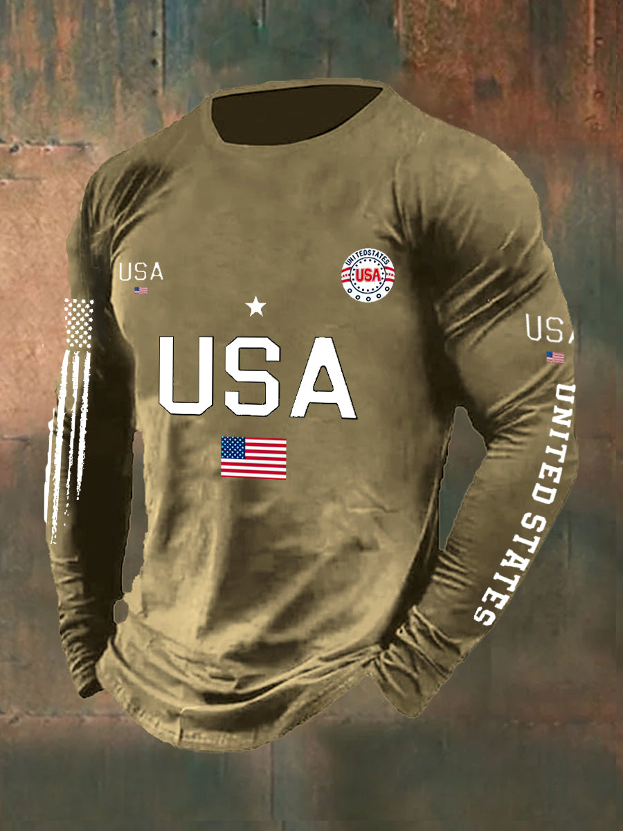 USA Flag Printed Long Sleeve Cotton T-Shirt