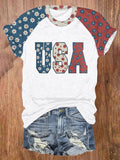 Women's Independence Day Color Block Print Round Neck T-shirt