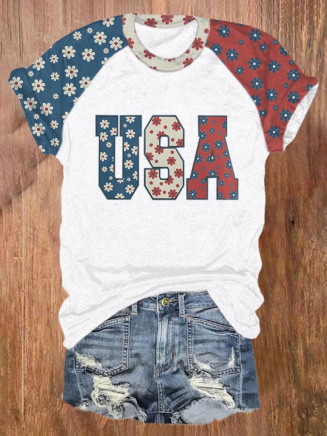 Women's Independence Day Color Block Print Round Neck T-shirt