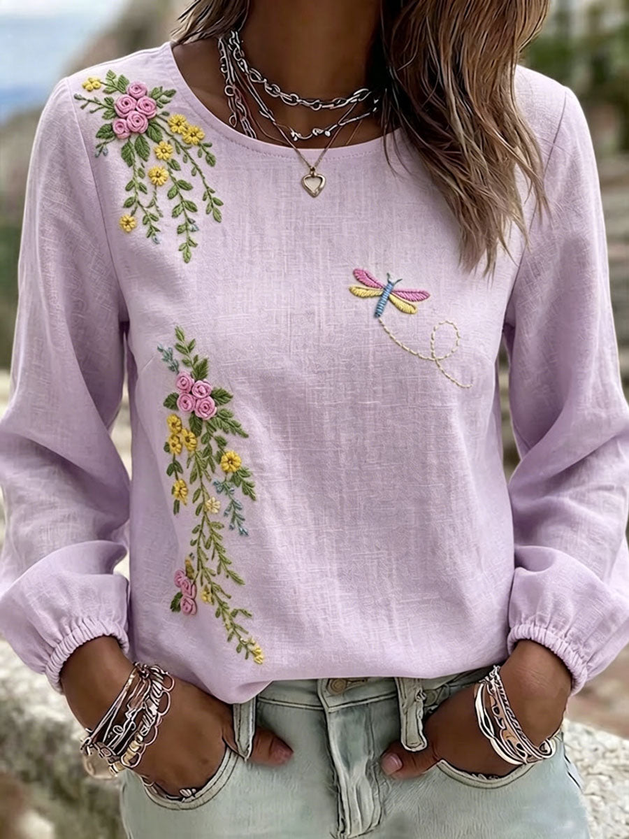 Women'S Casual Floral Print Cotton Linen Top