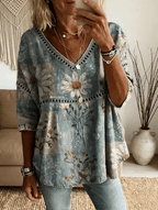 Ethnicity Bohemian Style Flowers Women's Vintage Art Print Casual V Neck Cutout Top