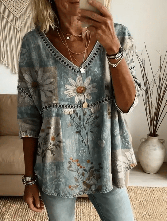 Ethnicity Bohemian Style Flowers Women's Vintage Art Print Casual V Neck Cutout Top