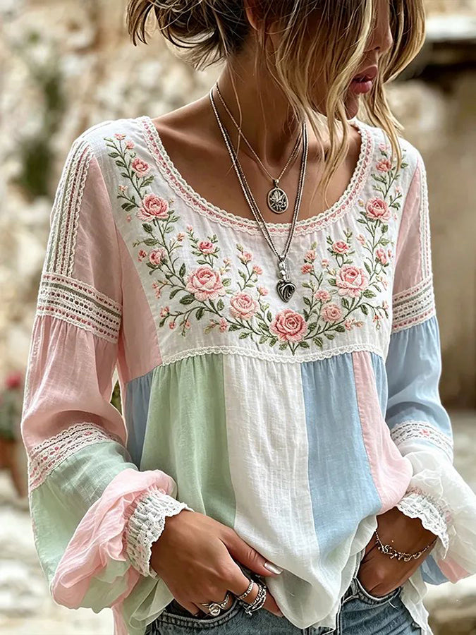 Women's floral fresh round neck top