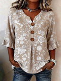 Vintage Floral Print Linen Blouse with Flounce Sleeves