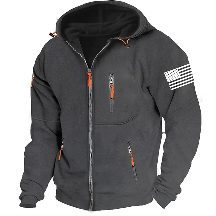 American Flag Fleece Contrast Raglan Zip Pattern Pocket Sweatshirt