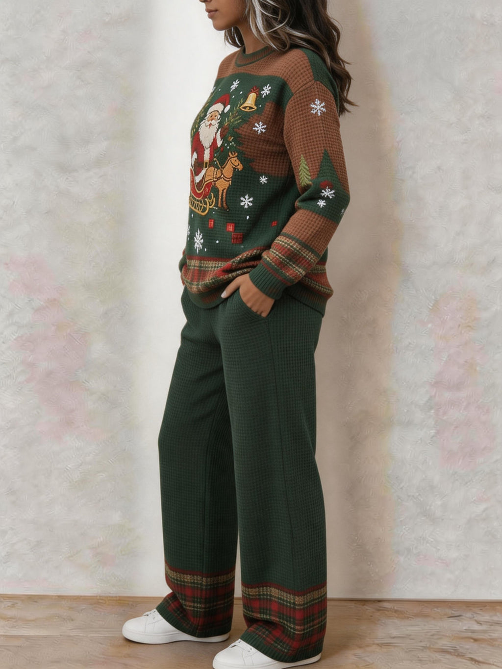 Women's Casual Waffle-Knit Printed Top and Pants Set