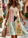 Women's Elegant Floral Cotton Linen Dress