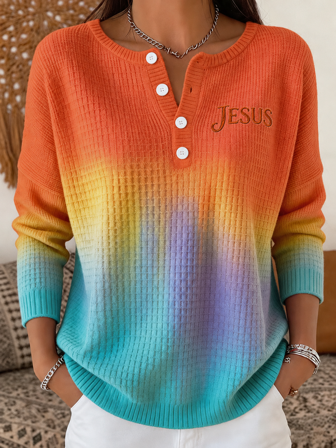 Women's Casual Jesus Button Neck Knitted Top