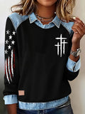 Women's Faith US Flag Print Lapel Long Sleeve Top