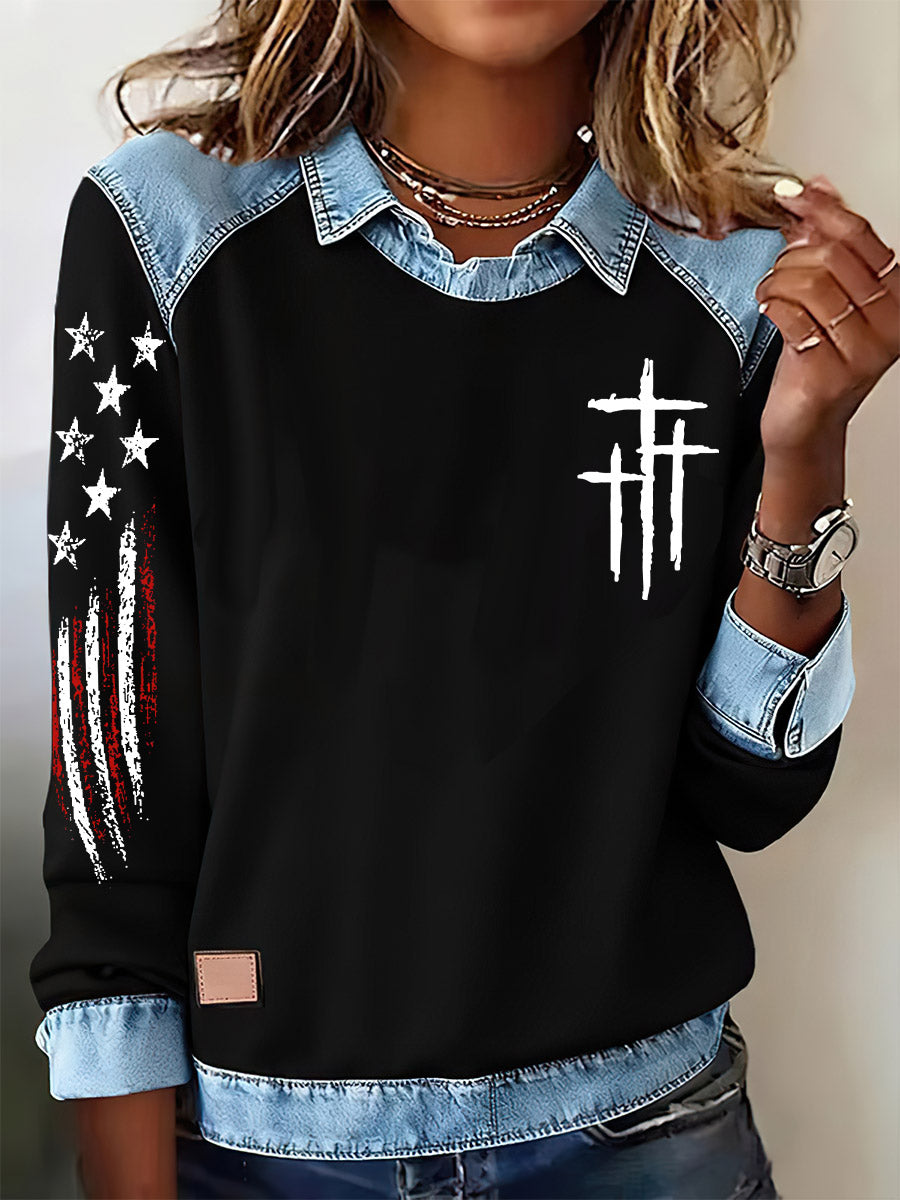 Women's Faith US Flag Print Lapel Long Sleeve Top