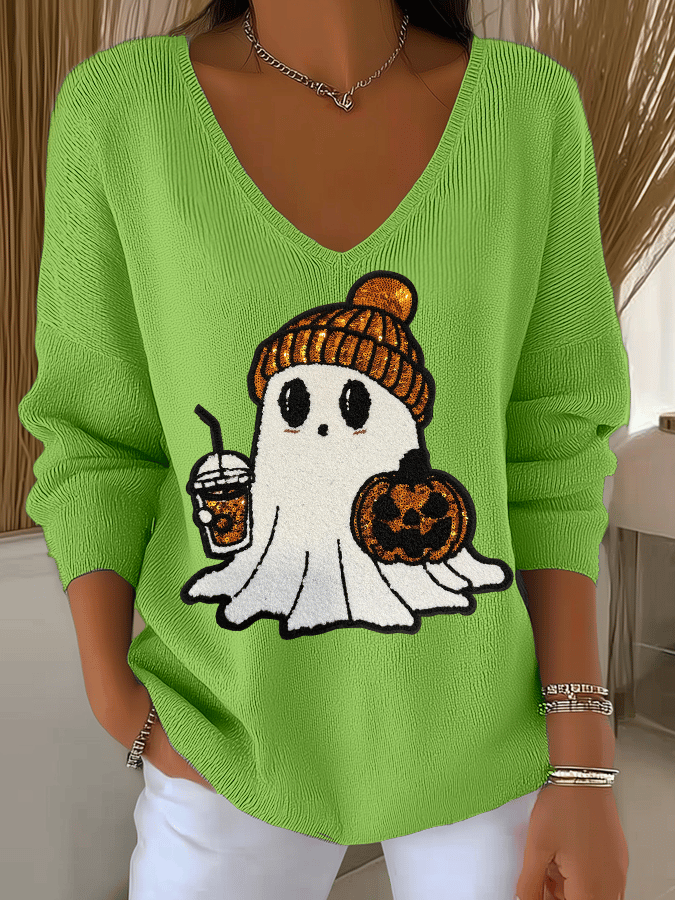 Women's Halloween Ghost Print Knit Long Sleeve Top