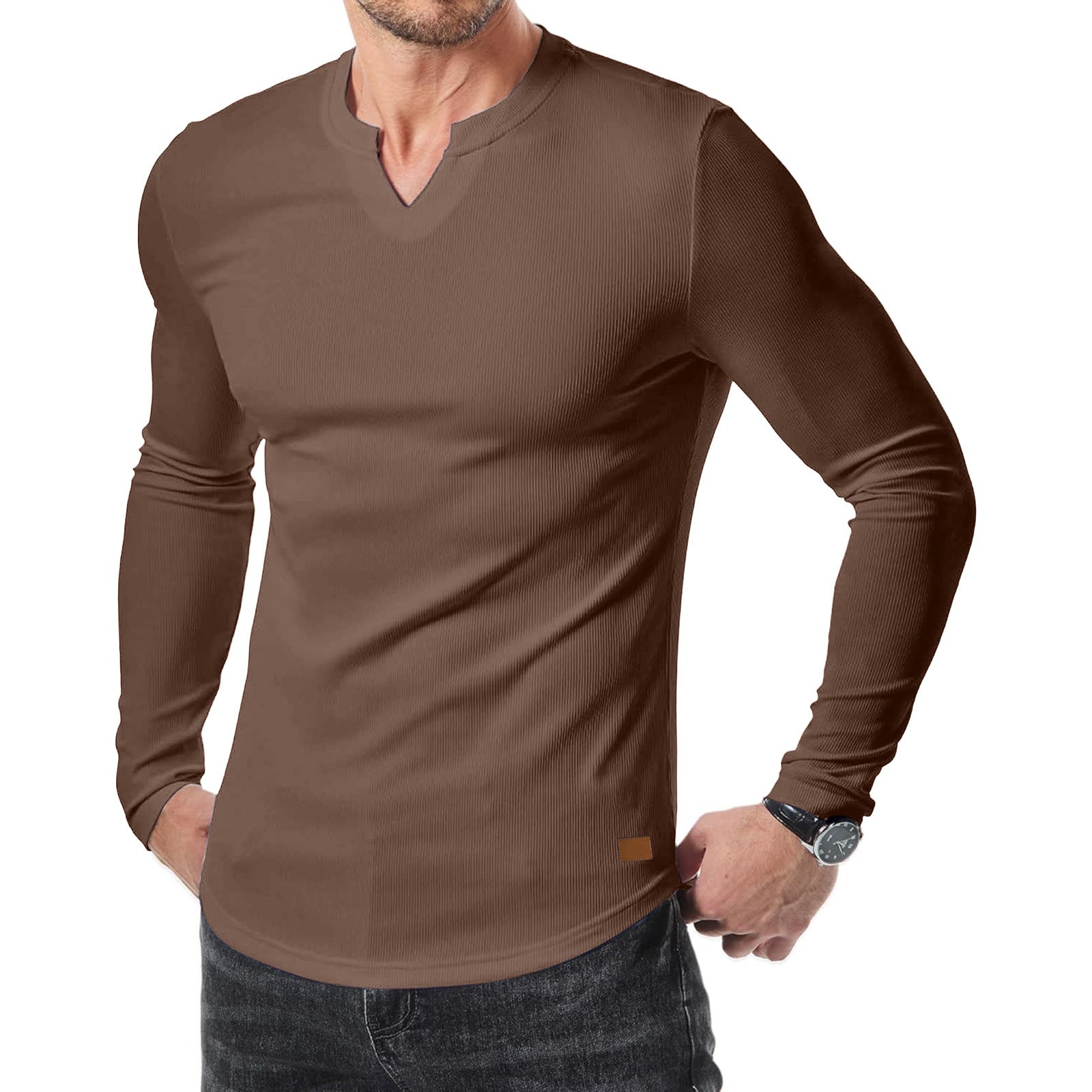 Men's Plain Casual Muscle Shirts for Men Slim Fitted T Shirt V-Neck Longline Ribbed Tees Shirts Long Sleeve Gym Workout Athletic Menswear Tops