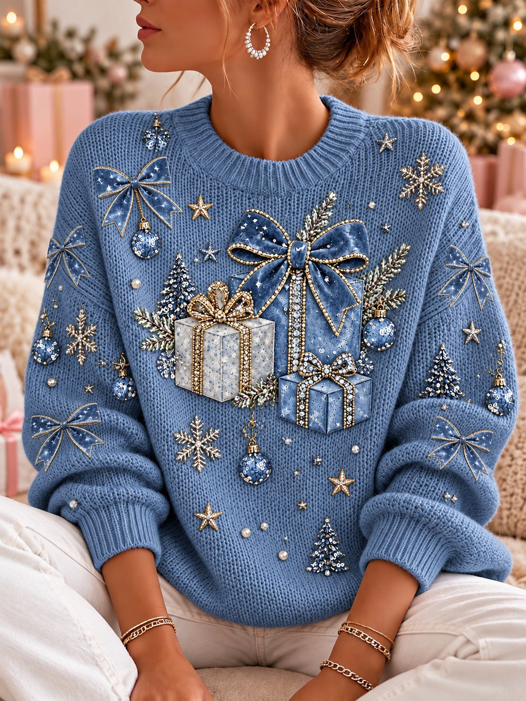 Damen-Sweatshirt mit Weihnachtsmuster, Rundhalsausschnitt und langen Ärmeln