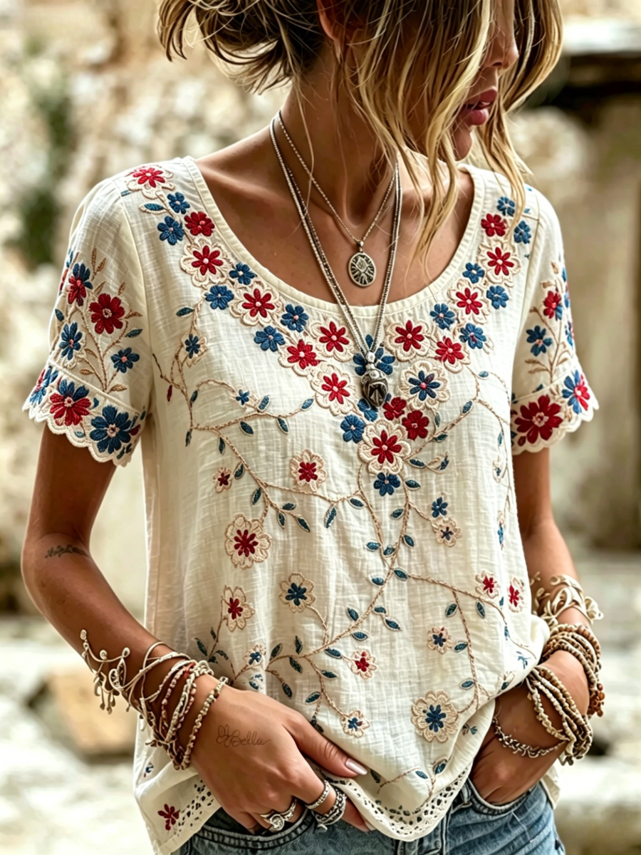 Women's Retro Floral Pattern Casual T-shirt