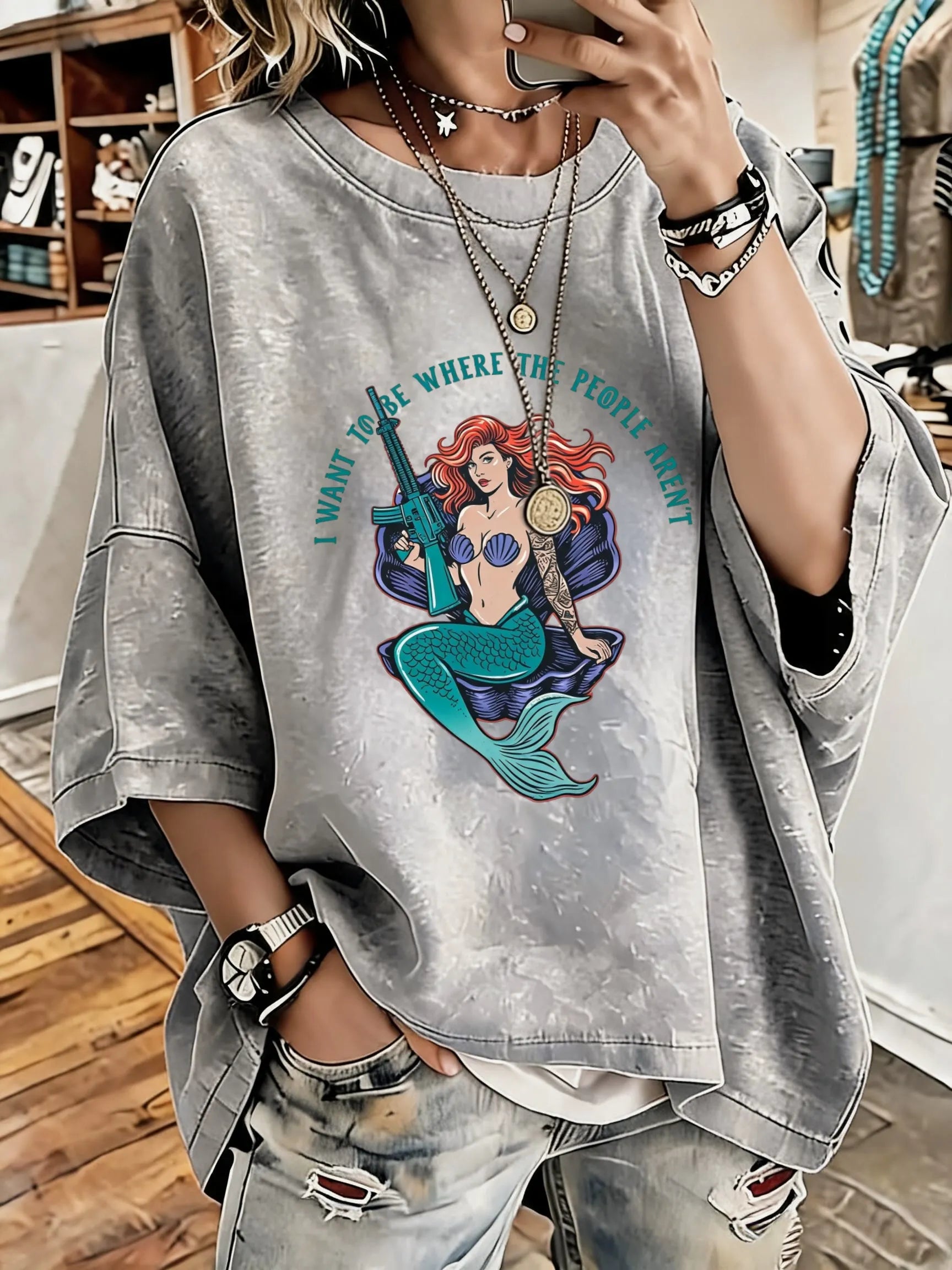 Women'S Vintage Distressed Washed M16 Mermaid Oversized T-Shirt