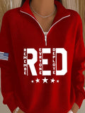 Women's Red Friday Print Casual Long Sleeve Zip Sweatshirt