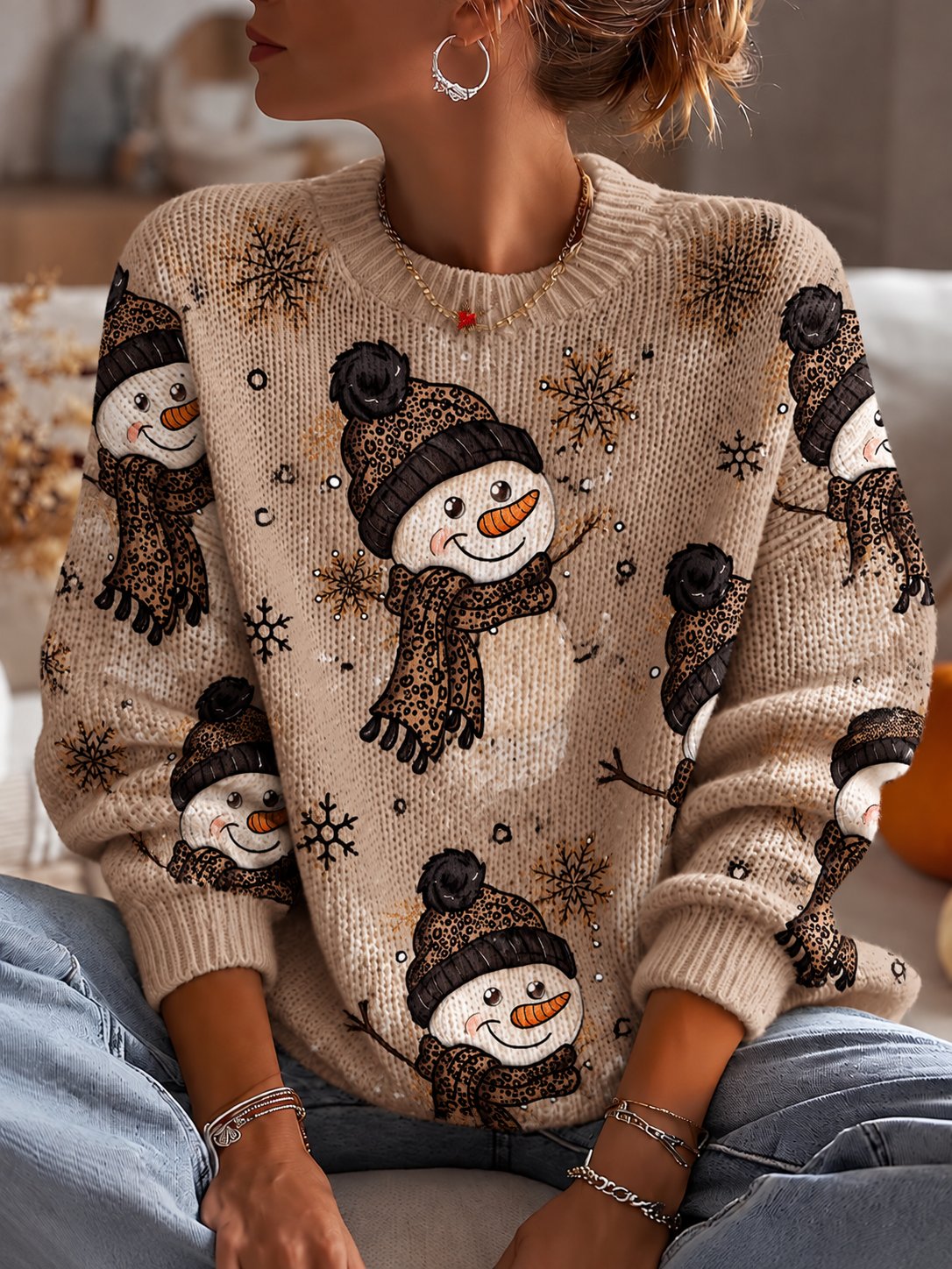 Damen-Sweatshirt mit Weihnachtsmuster, Rundhalsausschnitt und langen Ärmeln