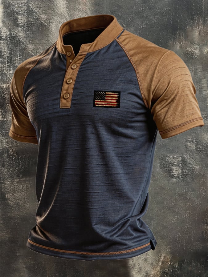 Men's Retro Slub Cotton Color-Block Henley T-Shirt with Stand Collar
