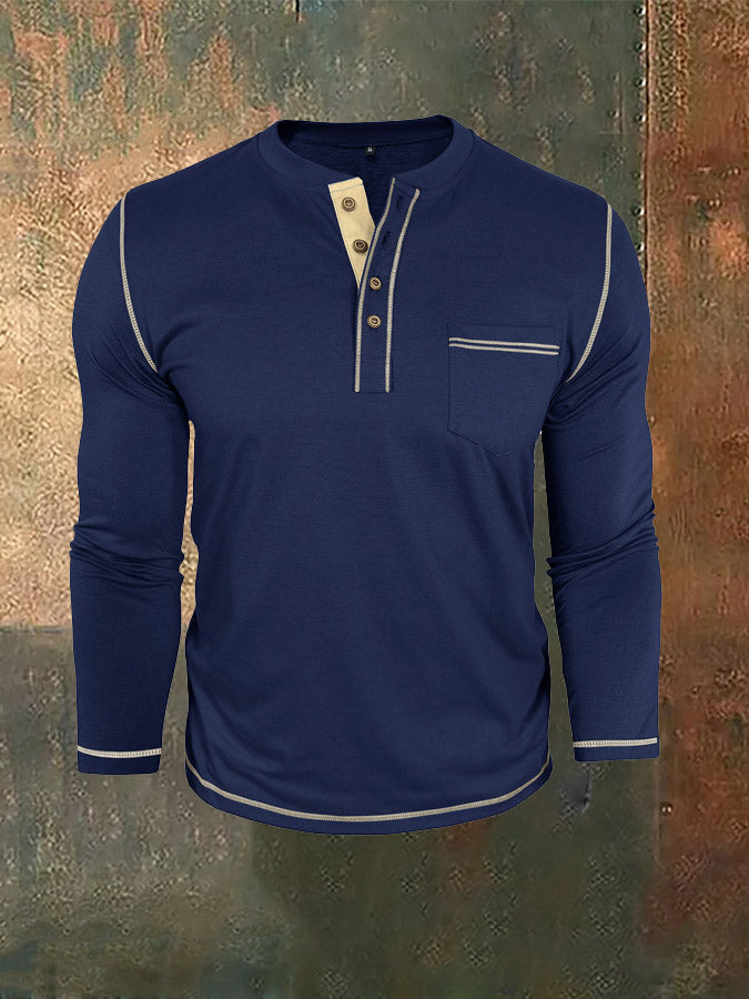 Men's Henry Pocket Long-Sleeve Color-Blocked T-Shirt