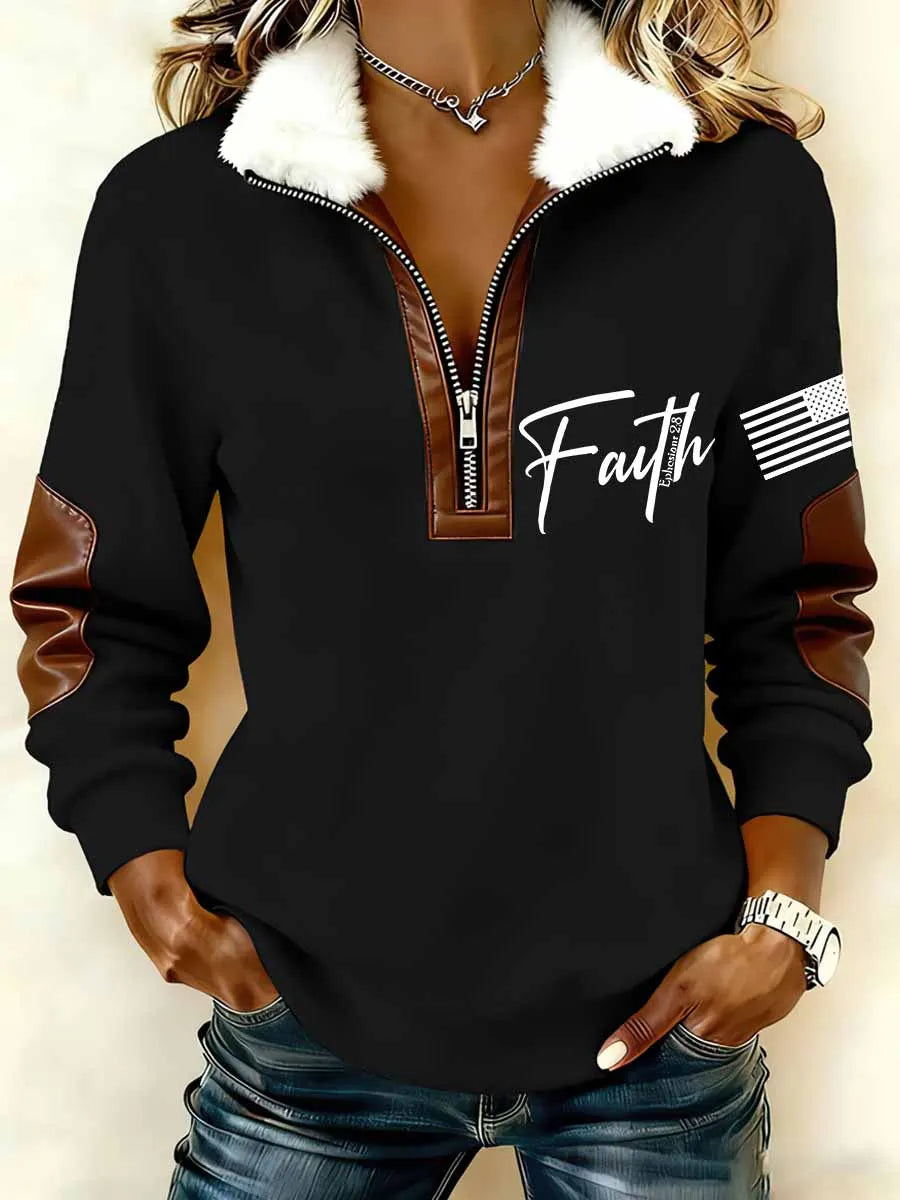 Women`s Faith In USA Print Patchwork Fur Collar Long-Sleeve Sweatshirt