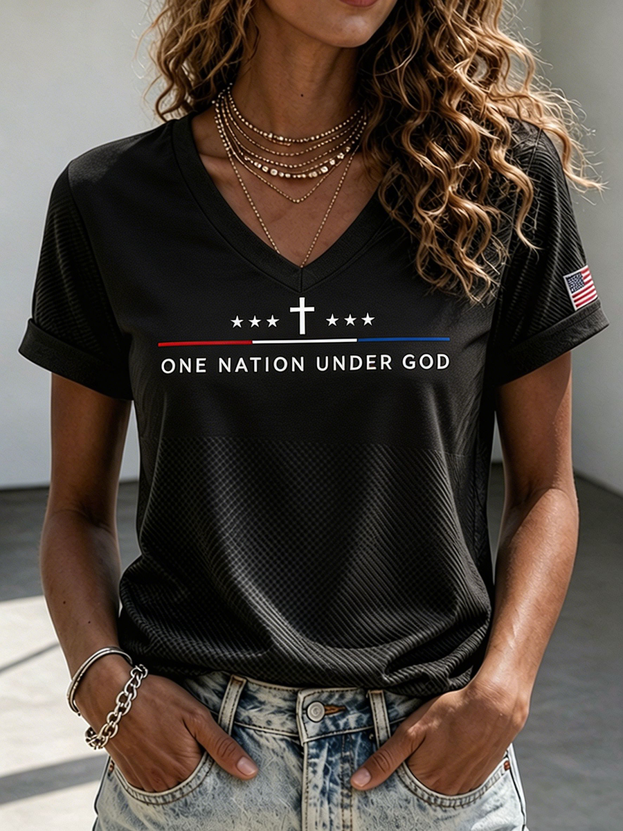 Women's One Nation Under God Cross Star American Flag Patch V-Neck Short Sleeve Casual Tee