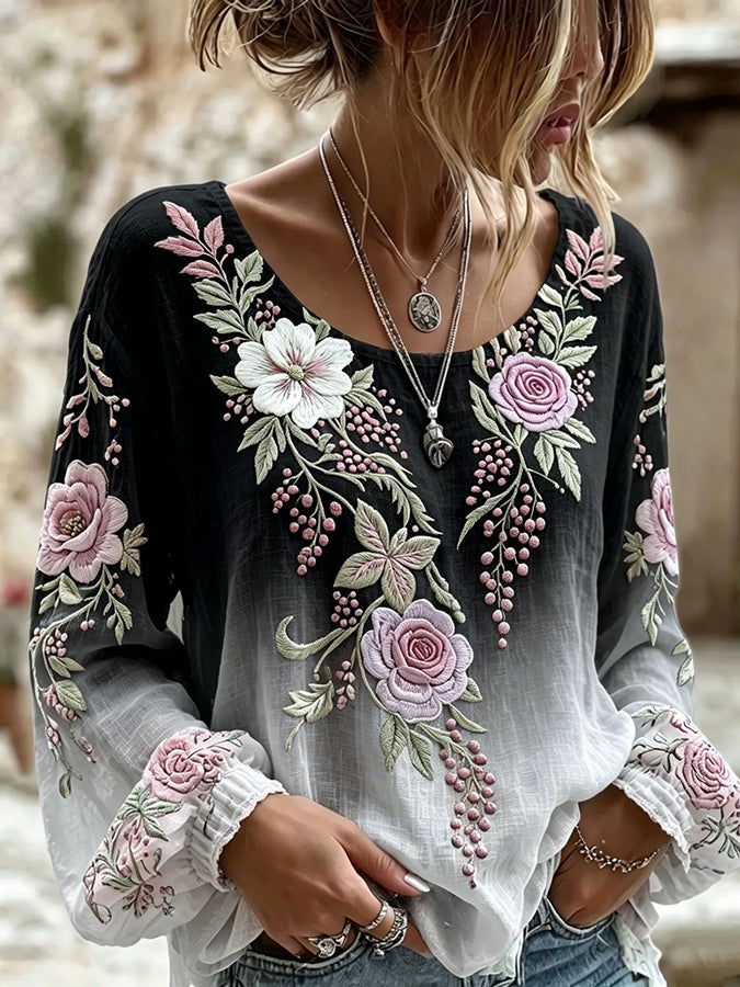 Women's floral fresh round neck top
