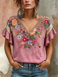 Women's Floral Print linen short-sleeved T-shirt