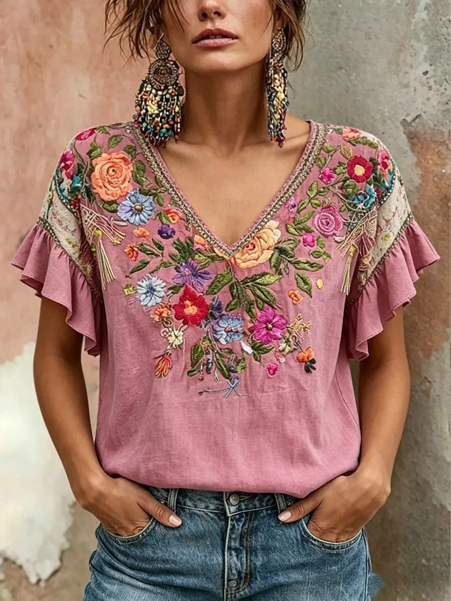 Women's Floral Print linen short-sleeved T-shirt